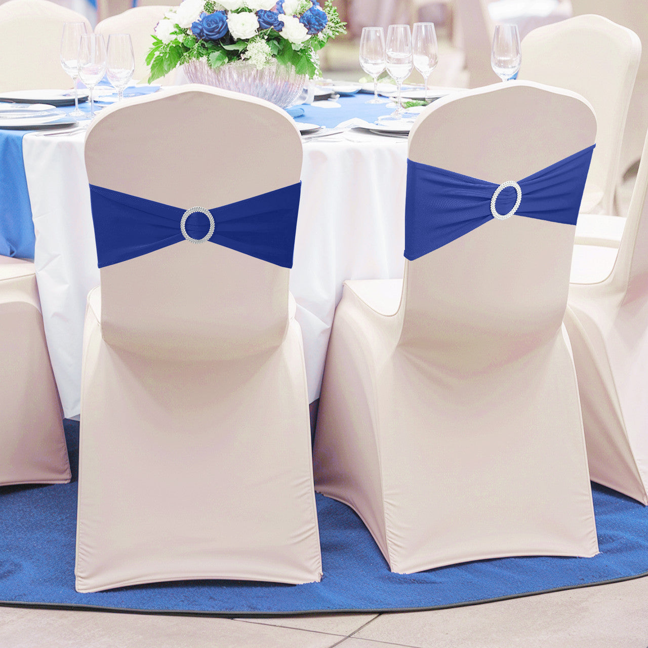 Spandex Chair Band with Round Diamante Buckle - Royal Blue