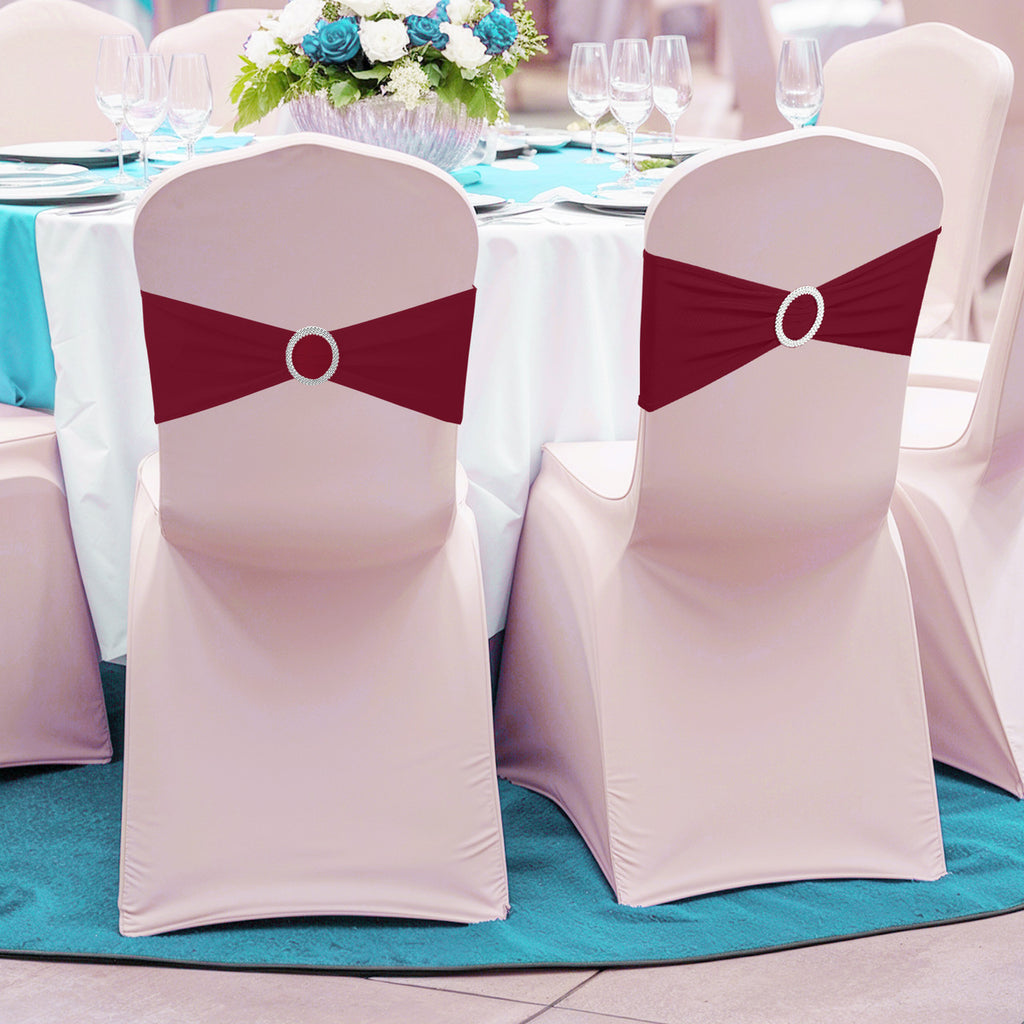 Spandex Chair Band with Round Diamante Buckle - Burgundy