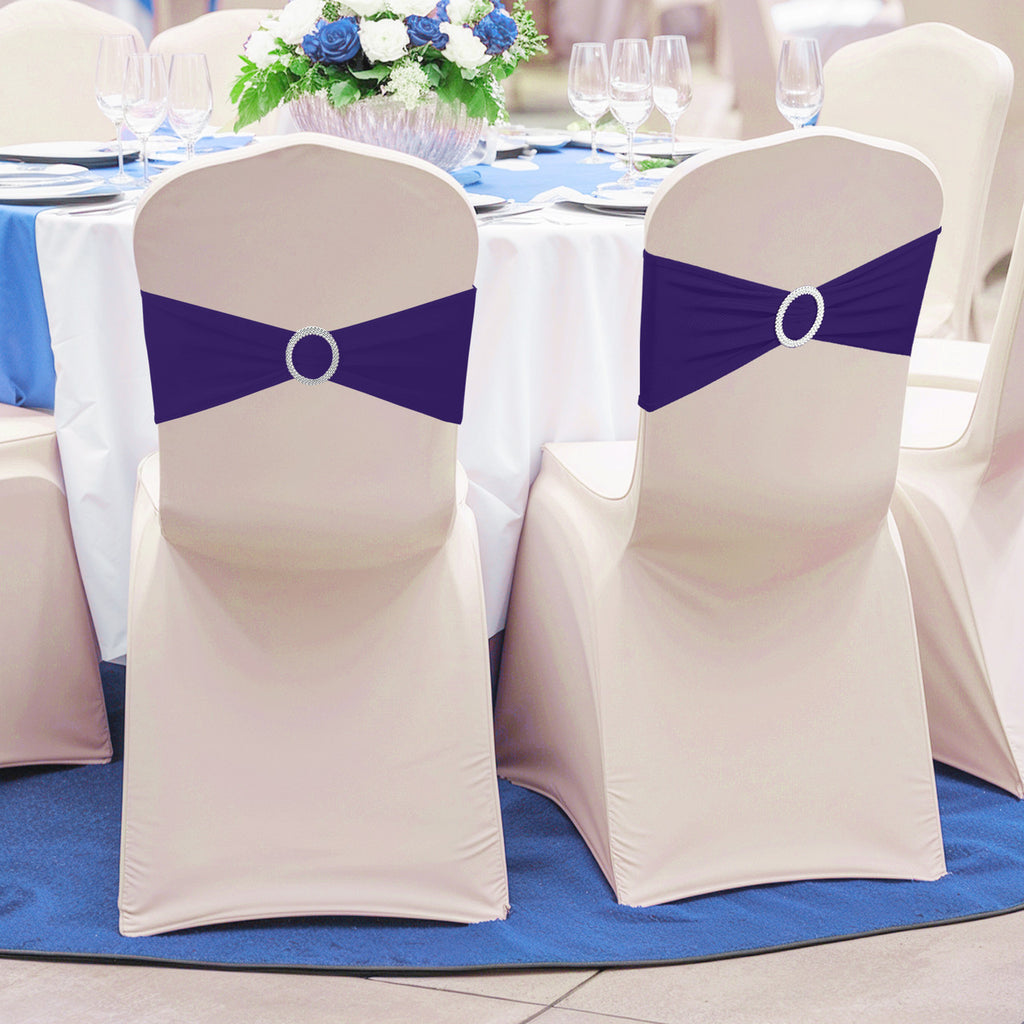 Spandex Chair Band with Round Diamante Buckle - Dark Purple