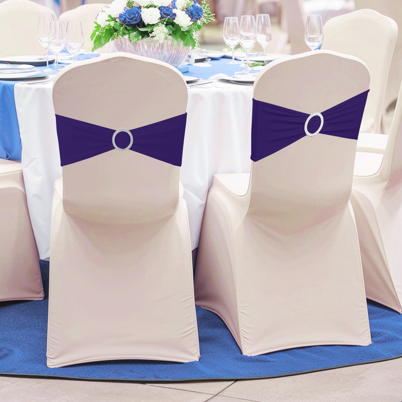 Spandex Chair Band with Round Diamante Buckle - Dark Purple