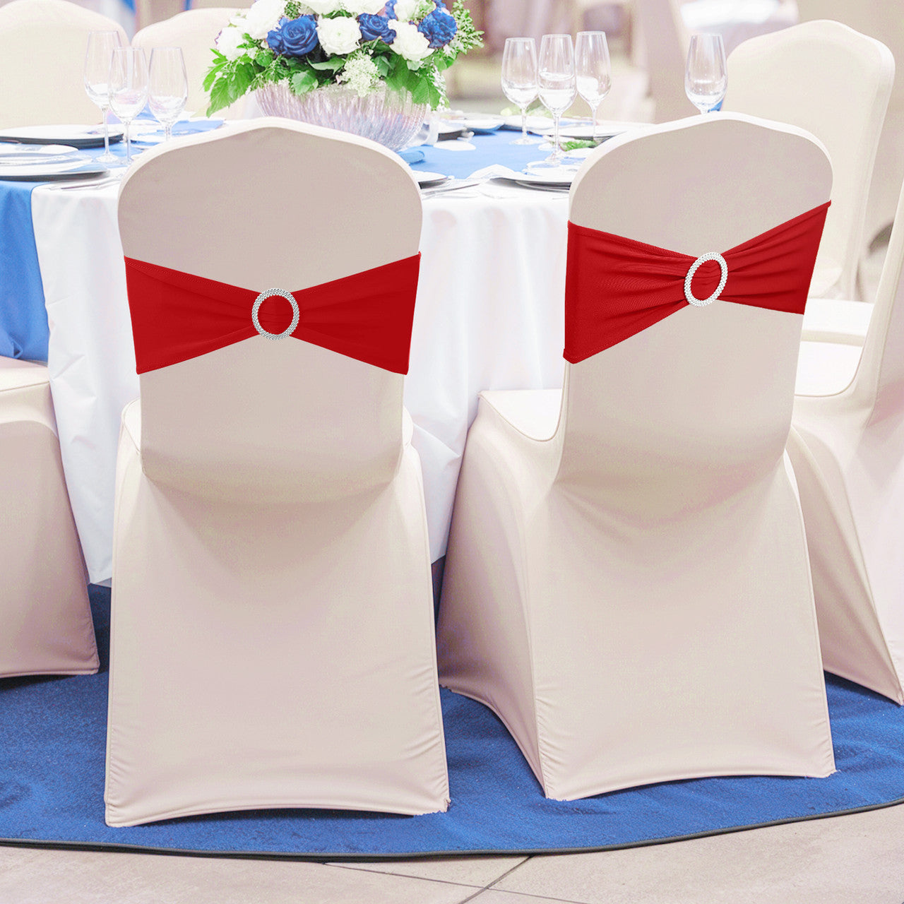 Spandex Chair Band with Round Diamante Buckle - Red