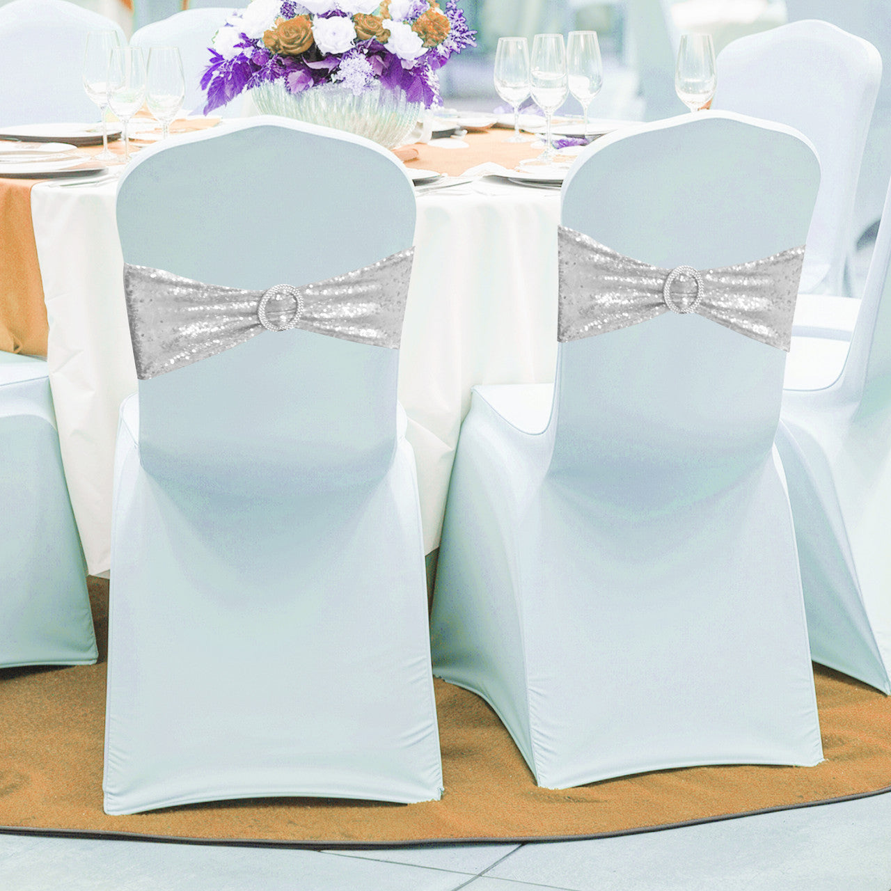 Sparkling Sequin Chair Bands with Diamante Buckle - Silver