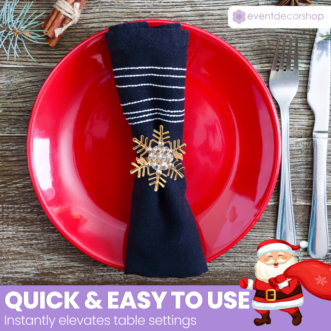 Snowflake Napkin Rings with Diamante – Christmas Table Décor - Gold