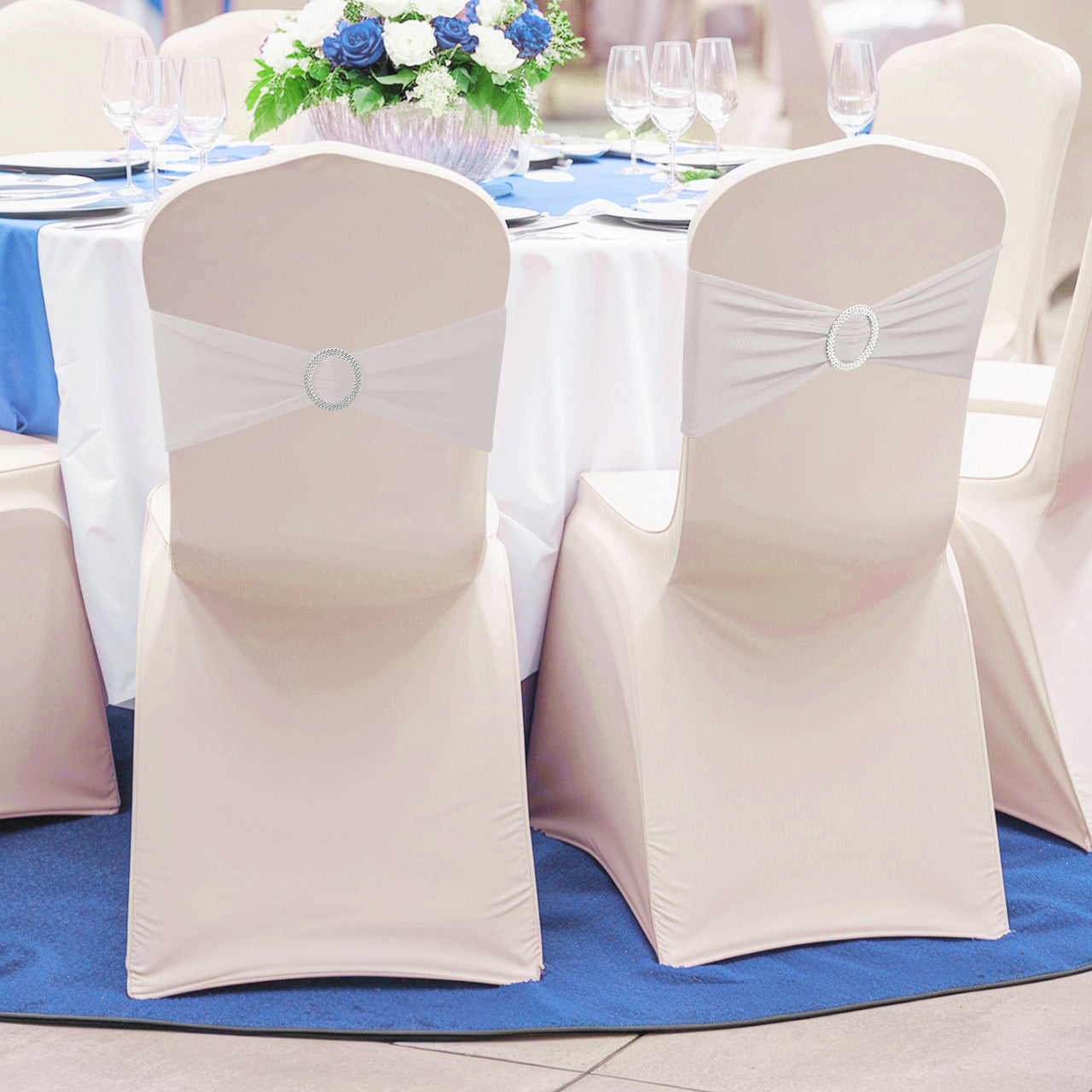 Spandex Chair Band with Round Diamante Buckle - White