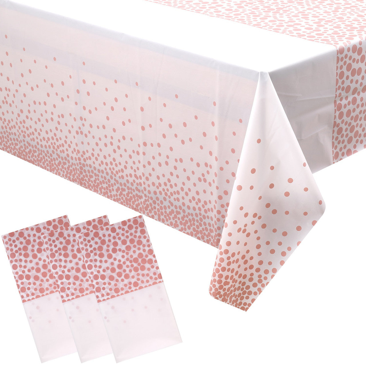 Rectangular Plastic Disposable Tablecloth - White - Rose Gold Polka Dot Print