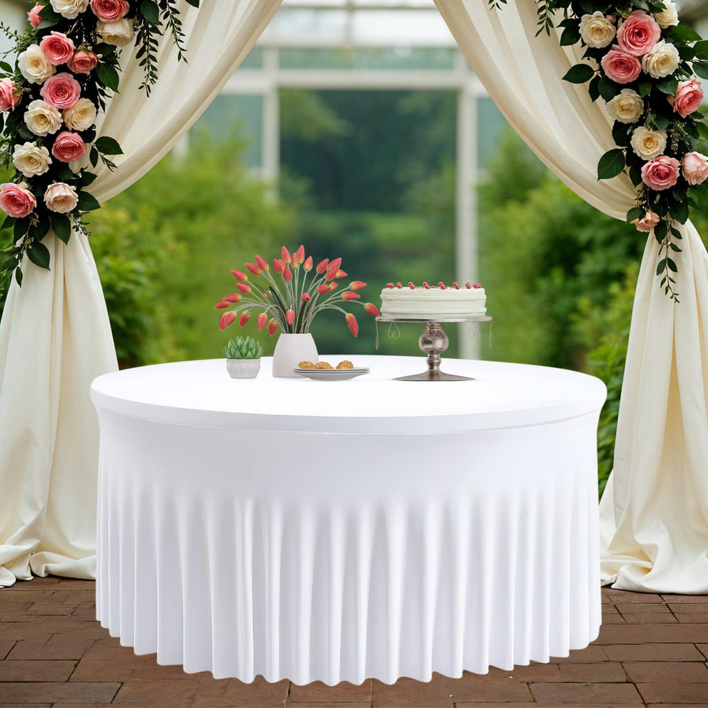 60" Round Spandex Tablecloth with Skirt - White