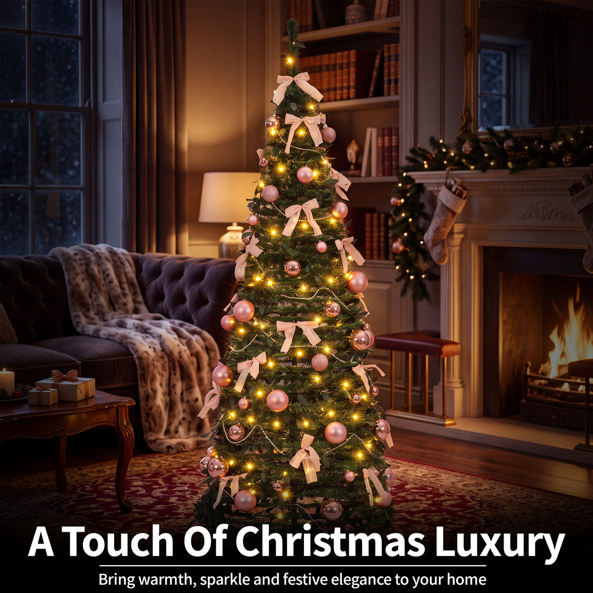 6ft Pop-Up Christmas Tree with 150 Warm White LED Lights, Pink Baubles & Ribbon Bows