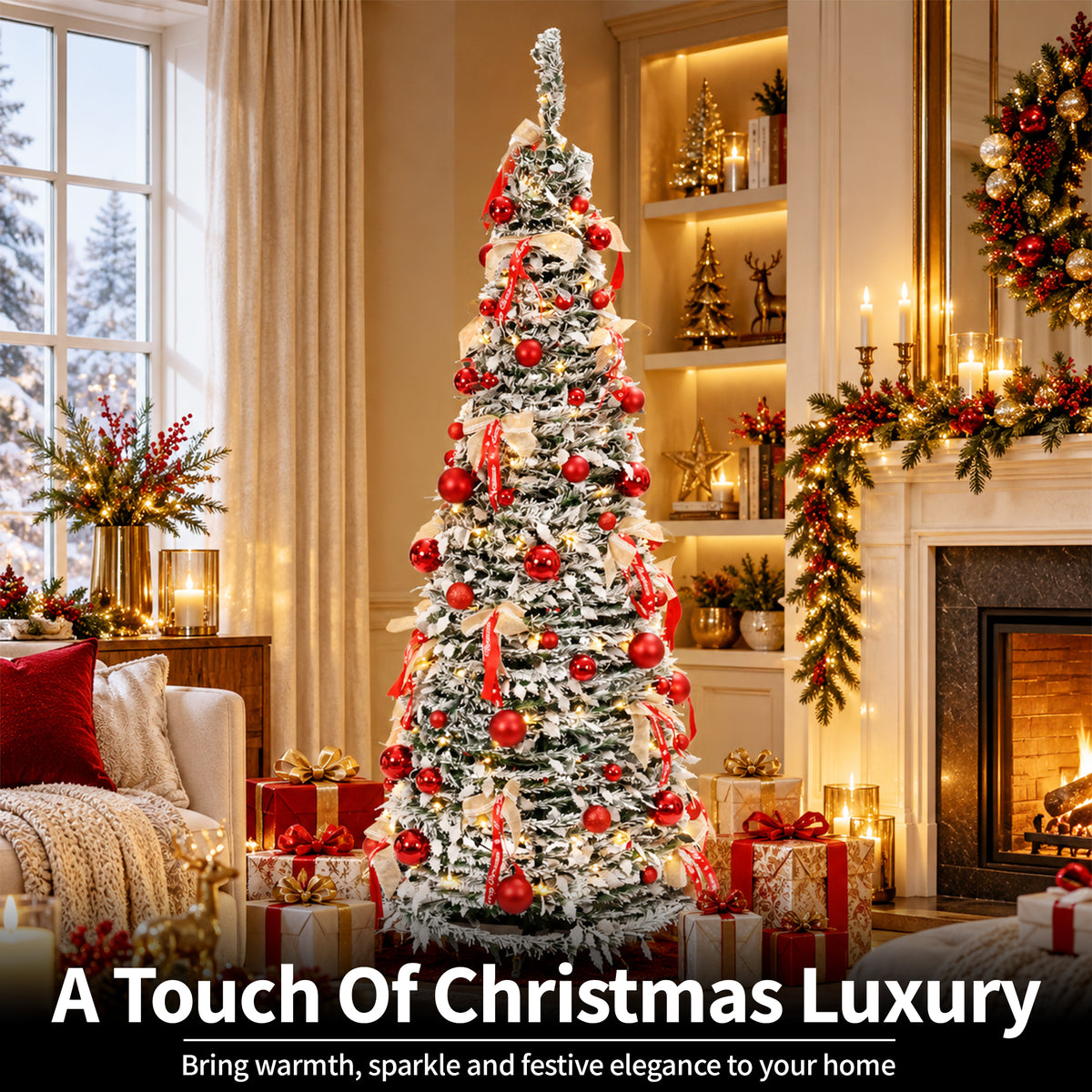 6ft Pop-Up Silver Christmas Tree with 150 Warm White LED Lights, Red Baubles & Festive Bows