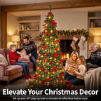 A 6-foot Christmas tree decorated with warm white lights, red bows, and red ornaments stands in a cozy living room with a fireplace. A family is gathered around it, and the text at the bottom reads 'Elevate Your Christmas Decor' and 'Set up your 6FT pop-up tree in minutes for effortless festive style.