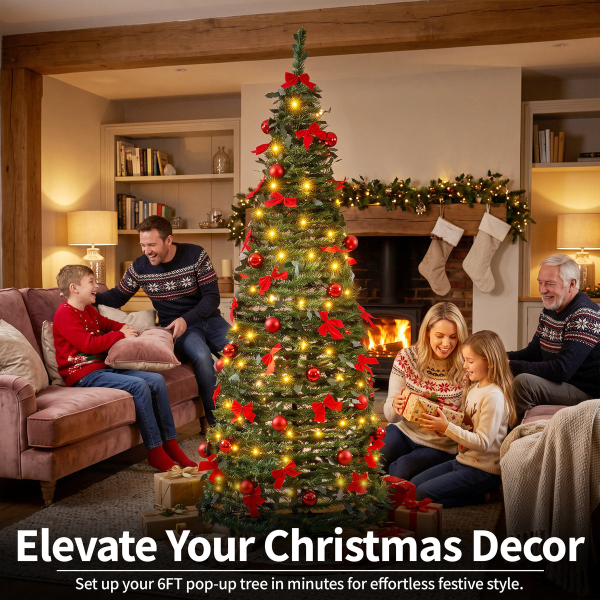 A 6-foot Christmas tree decorated with warm white lights, red bows, and red ornaments stands in a cozy living room with a fireplace. A family is gathered around it, and the text at the bottom reads 'Elevate Your Christmas Decor' and 'Set up your 6FT pop-up tree in minutes for effortless festive style.