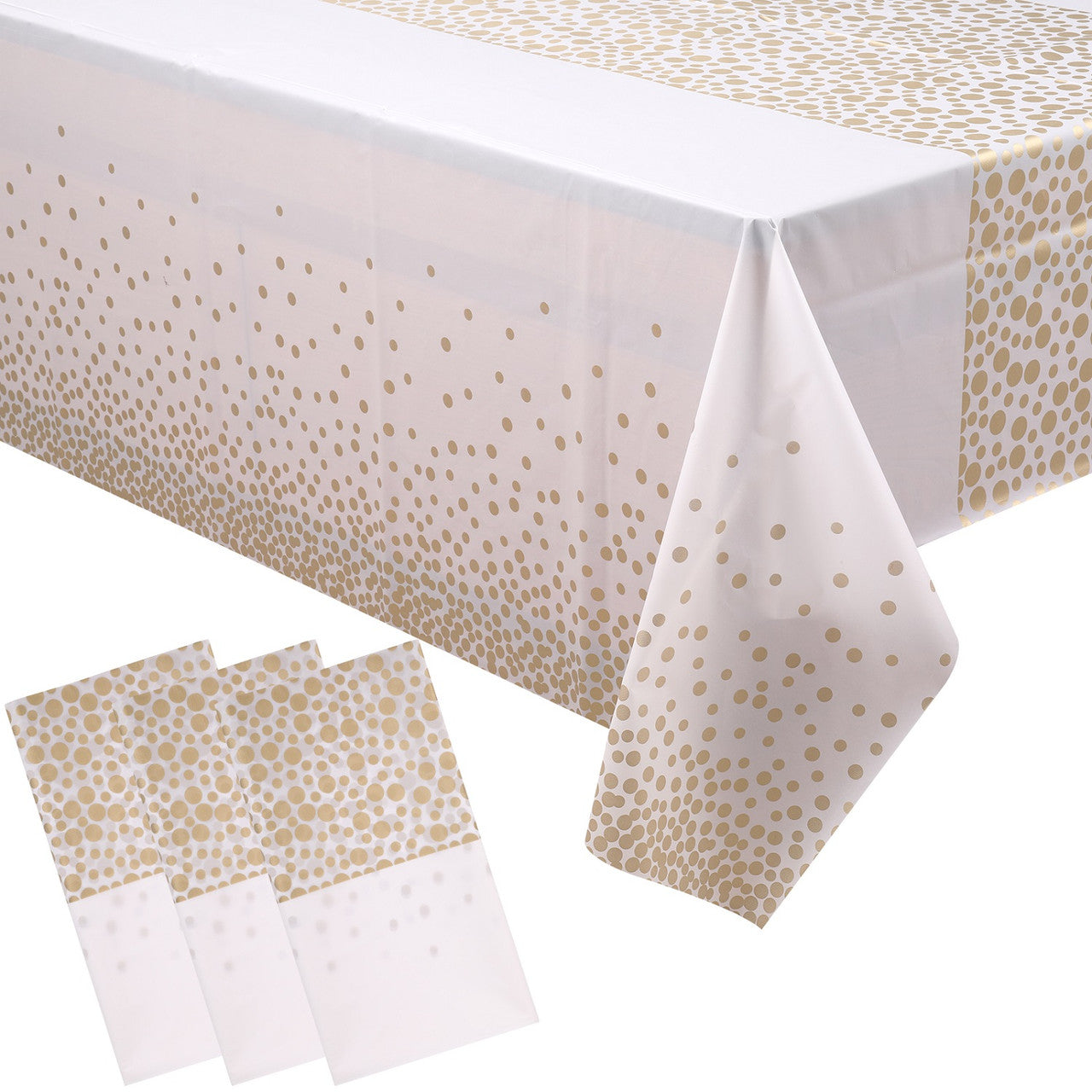 Rectangular Plastic Disposable Tablecloth - White - Gold Polka Dot Print