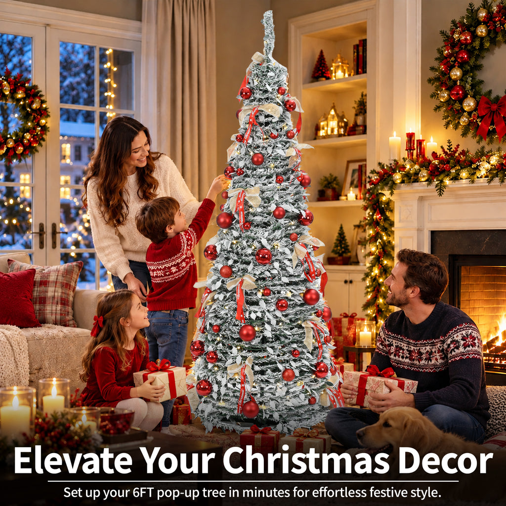 6ft Pop-Up Silver Christmas Tree with 150 Warm White LED Lights, Red Baubles & Festive Bows
