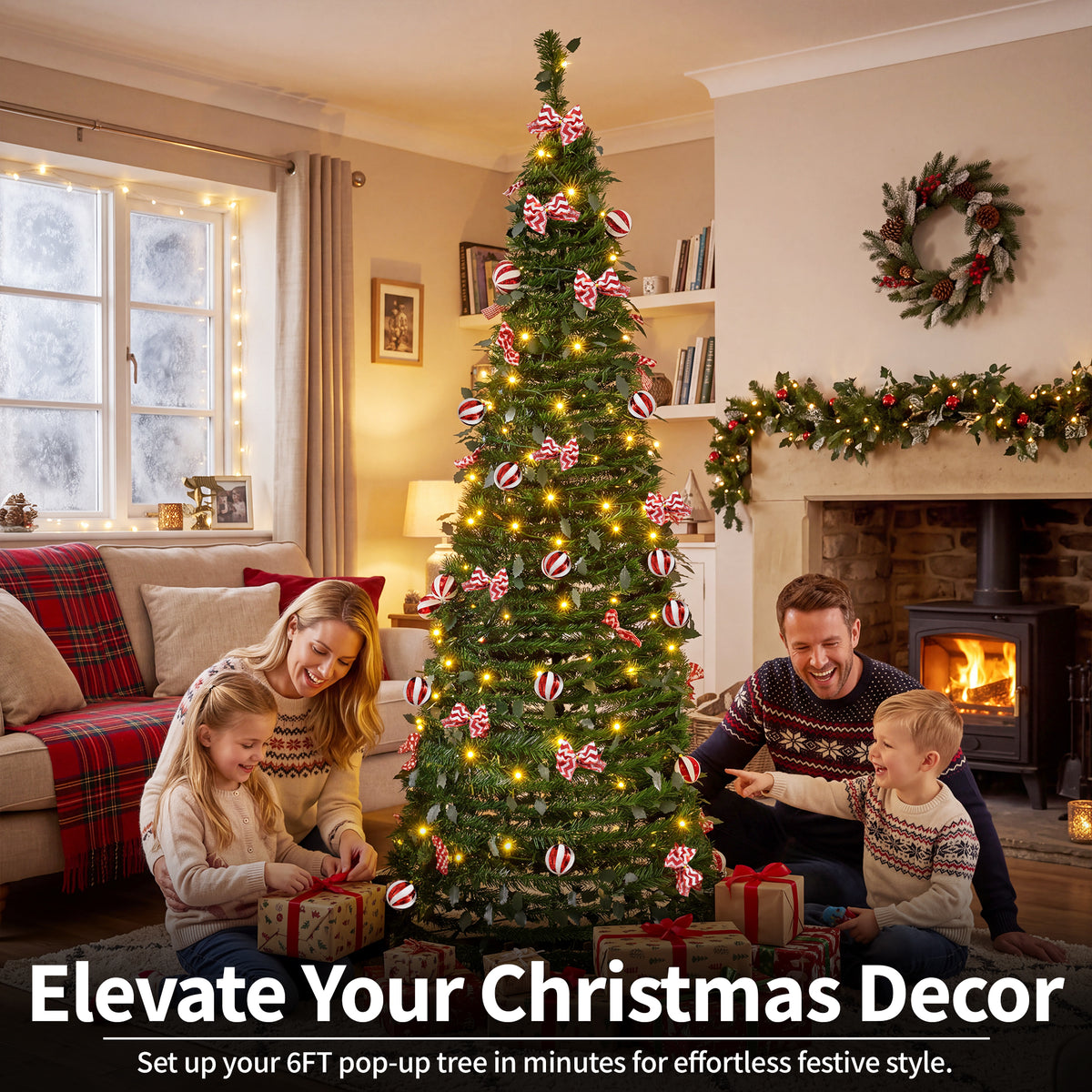 A 6-foot Christmas tree decorated with warm white lights, red and white candy cane ornaments, and striped bows, set in a cozy living room with a fireplace. A woman and two children are decorating the tree, while a man sits nearby.