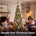 A family of four gathers around a decorated 6-foot Christmas tree in a cozy living room. The tree is adorned with pink bows, pink ornaments, and warm white lights.