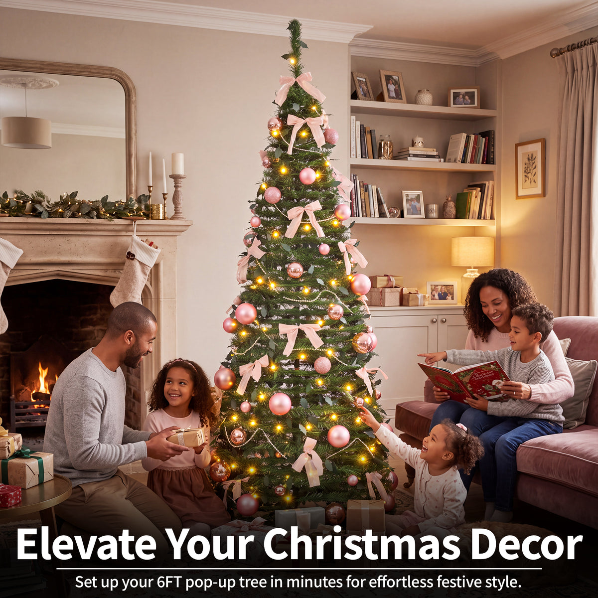A family of four gathers around a decorated 6-foot Christmas tree in a cozy living room. The tree is adorned with pink bows, pink ornaments, and warm white lights.