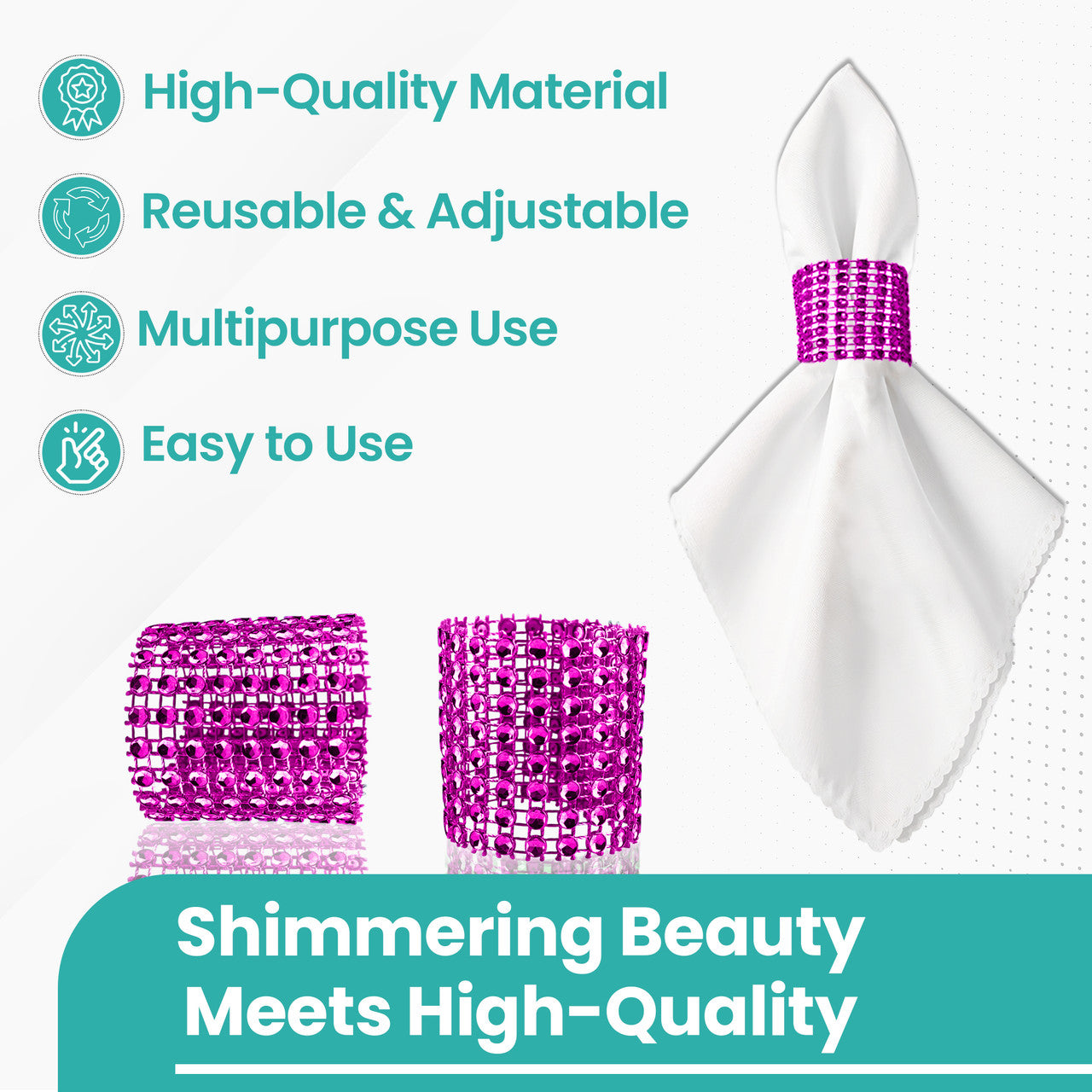 Sparkling Diamante Stretchable Napkin Rings (Pack of 10) - Hot Pink
