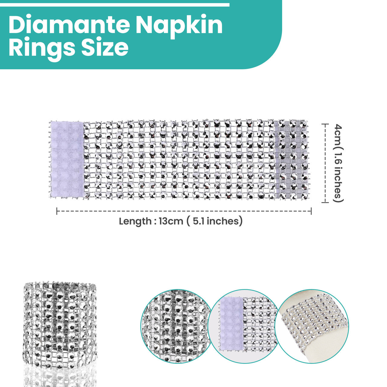 Sparkling Diamante Stretchable Napkin Rings (Pack of 10) - Silver
