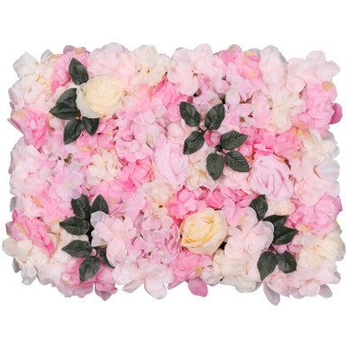 Hydrangea Artificial Flower Wall Panel 60cm x 40cm - Blush Pink & Rose Pink with Green Leaves