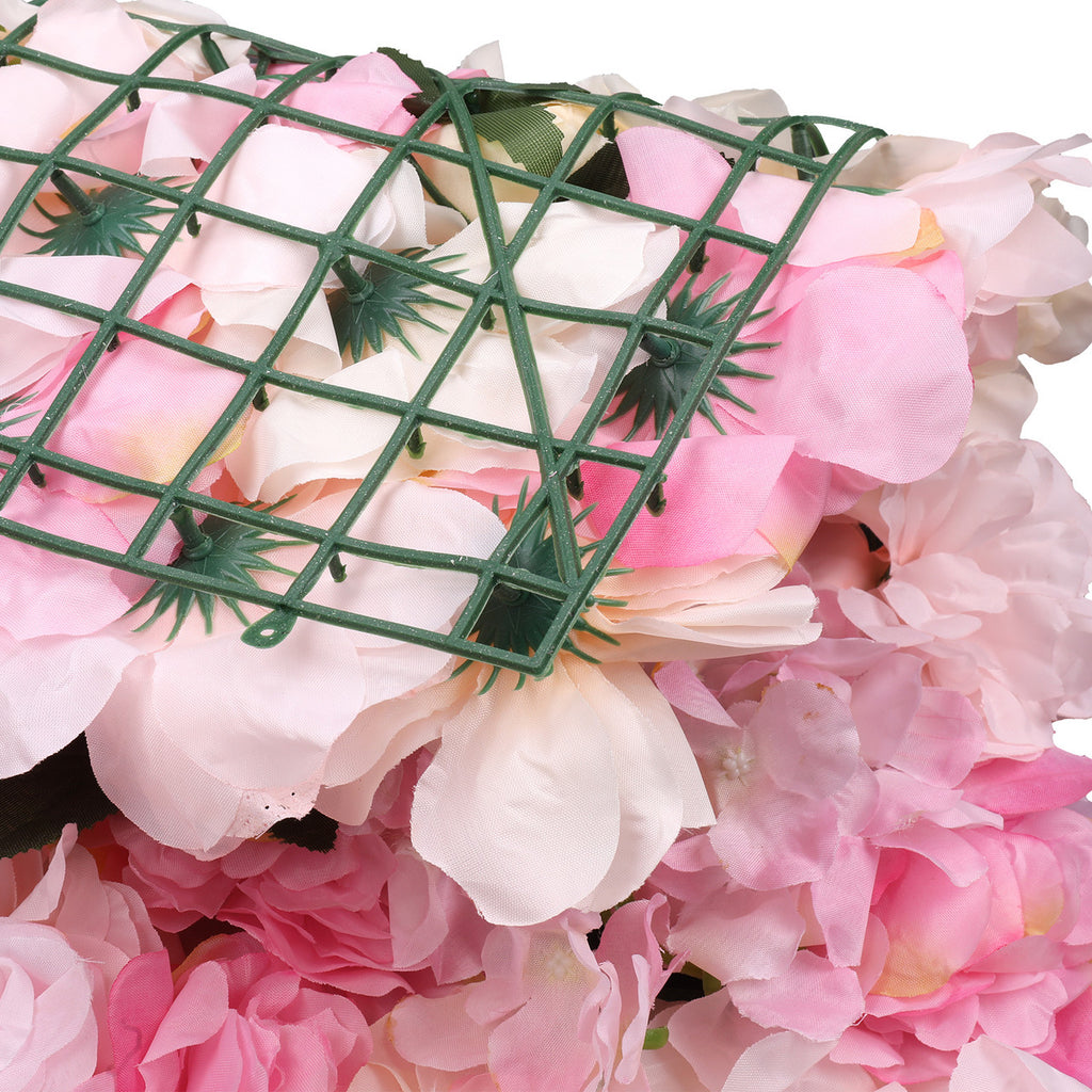 Hydrangea Artificial Flower Wall Panel 60cm x 40cm - Blush Pink & Rose Pink with Green Leaves