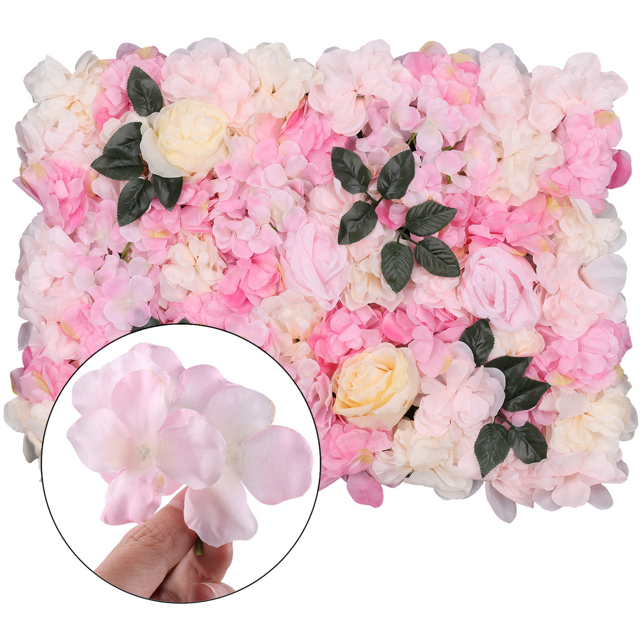 Hydrangea Artificial Flower Wall Panel 60cm x 40cm - Blush Pink & Rose Pink with Green Leaves