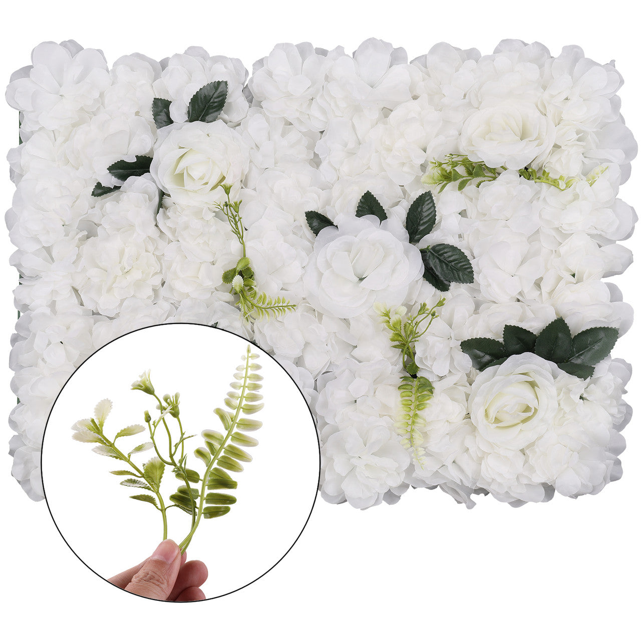 Hydrangea Artificial Flower Wall Panel 60cm x 40cm - White with Green Leaves
