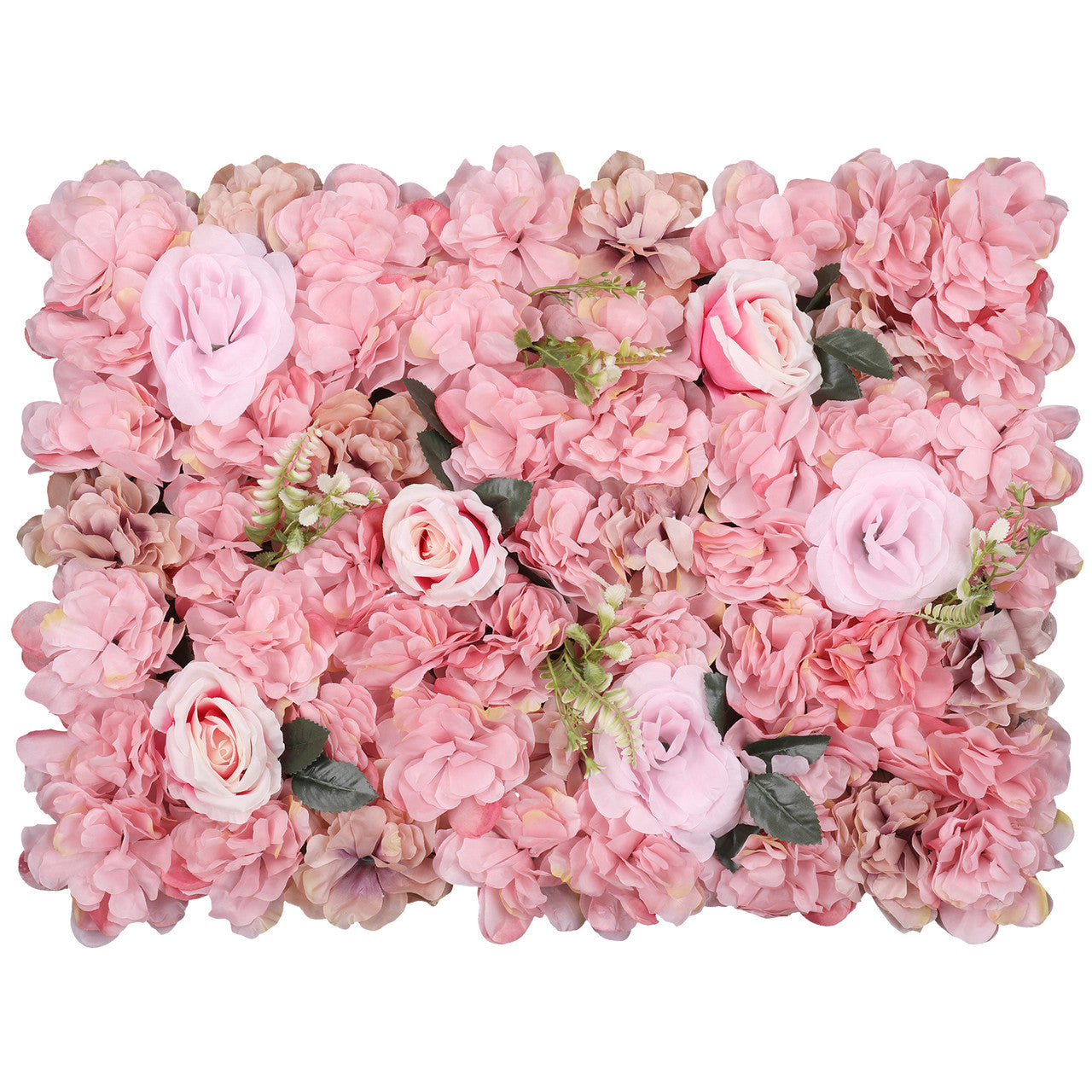 Hydrangea Artificial Flower Wall Panel 60cm x 40cm - Dusty Pink & Rose Pink with Green Leaves