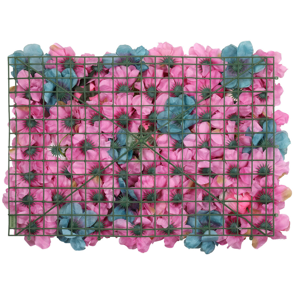 Hydrangea Artificial Flower Wall Panel 60cm x 40cm - Hot Pink & Turquoise with Green Leaves