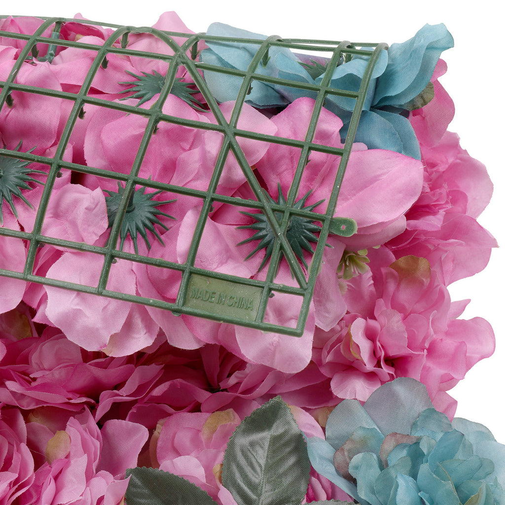 Hydrangea Artificial Flower Wall Panel 60cm x 40cm - Hot Pink & Turquoise with Green Leaves