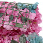 Hydrangea Artificial Flower Wall Panel 60cm x 40cm - Hot Pink & Turquoise with Green Leaves