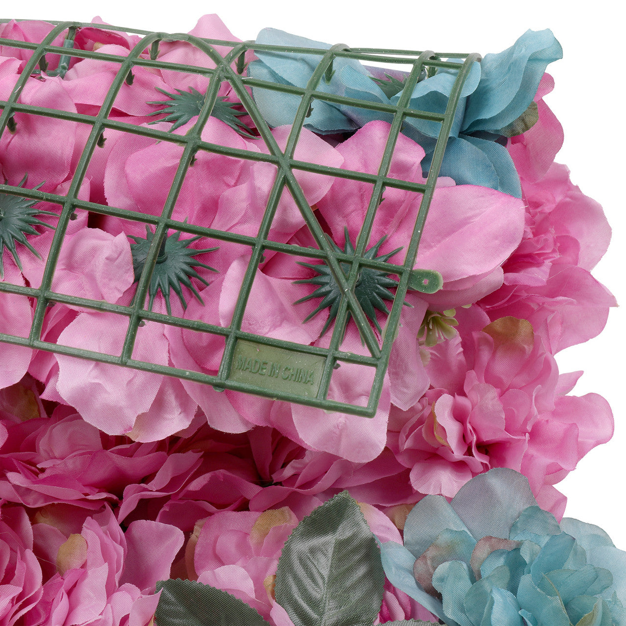 Hydrangea Artificial Flower Wall Panel 60cm x 40cm - Hot Pink & Turquoise with Green Leaves