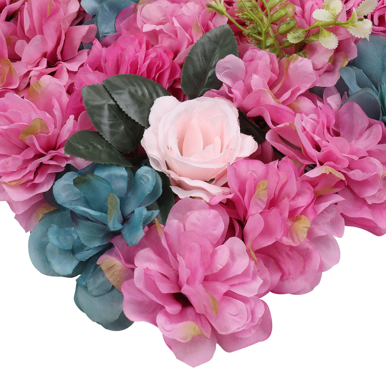 Hydrangea Artificial Flower Wall Panel 60cm x 40cm - Hot Pink & Turquoise with Green Leaves