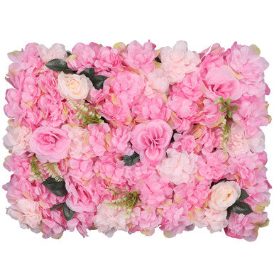 Hydrangea Artificial Flower Wall Panel 60cm x 40cm - Blush Pink & Rose Pink with Leaves x 12