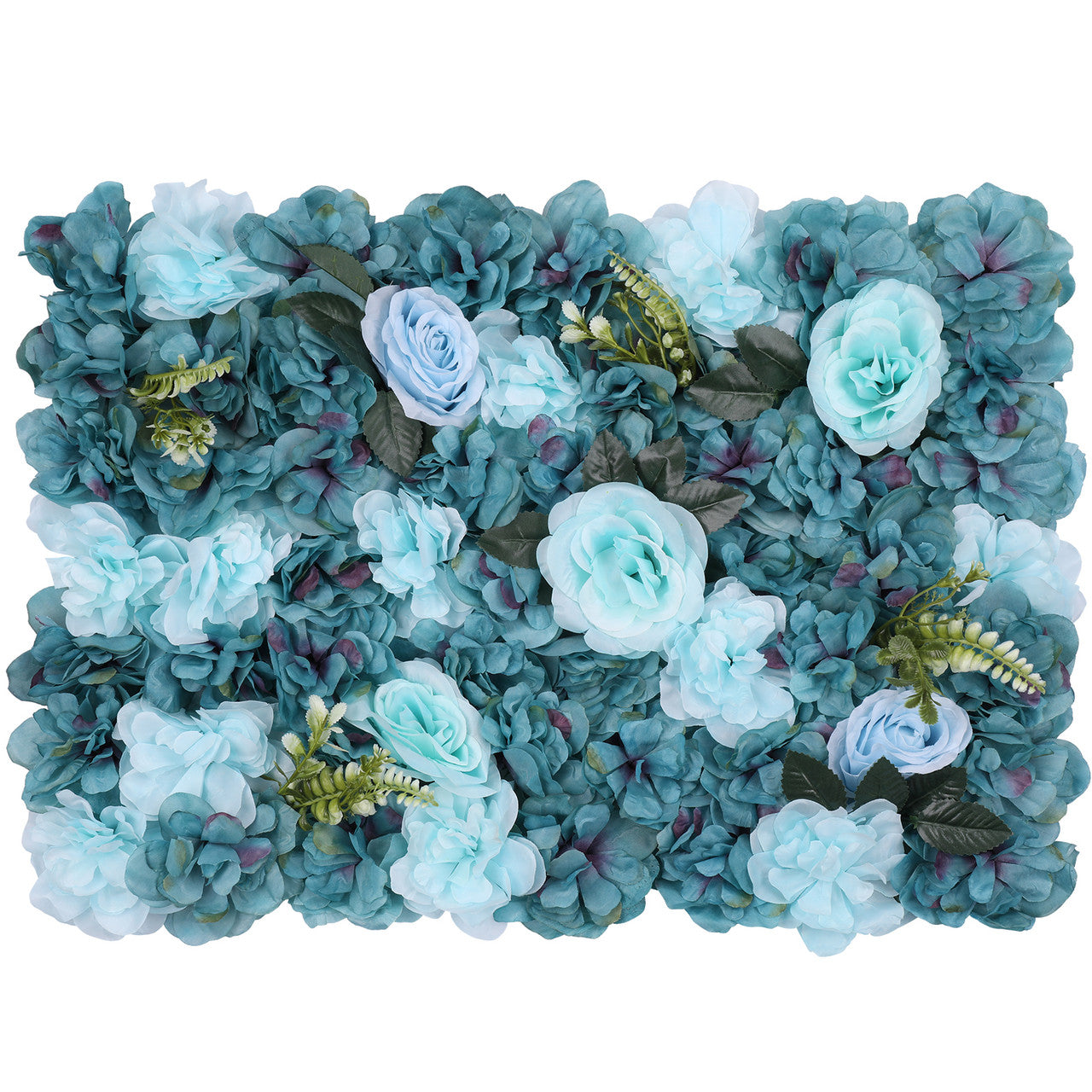 Hydrangea Artificial Flower Wall Panel 60cm x 40cm - Sky Blue & Turquoise with Green Leaves