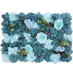 Hydrangea Artificial Flower Wall Panel 60cm x 40cm - Sky Blue & Turquoise with Green Leaves x 12