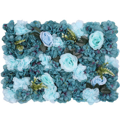 Hydrangea Artificial Flower Wall Panel 60cm x 40cm - Sky Blue & Turquoise with Green Leaves x 12