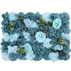 Hydrangea Artificial Flower Wall Panel 60cm x 40cm - Sky Blue & Turquoise with Green Leaves x 12