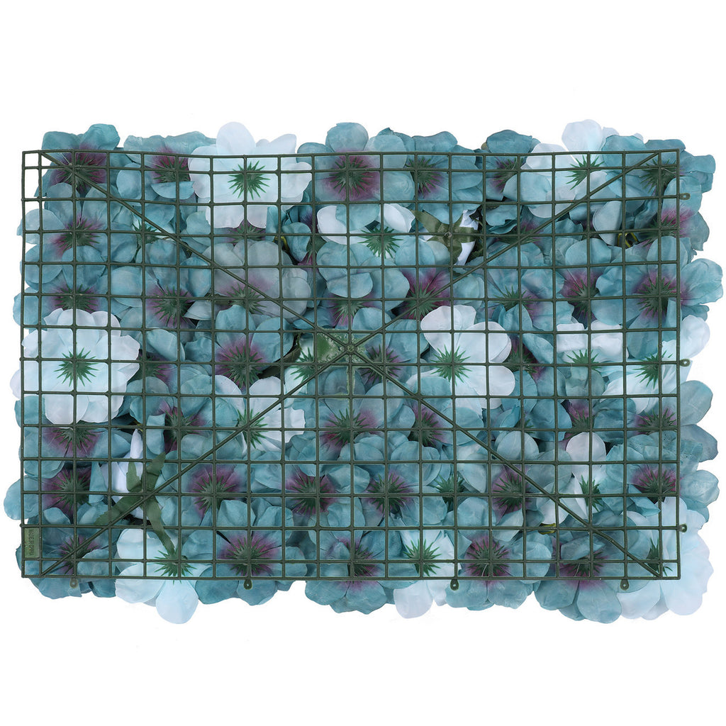 Hydrangea Artificial Flower Wall Panel 60cm x 40cm - Sky Blue & Turquoise with Green Leaves x 12
