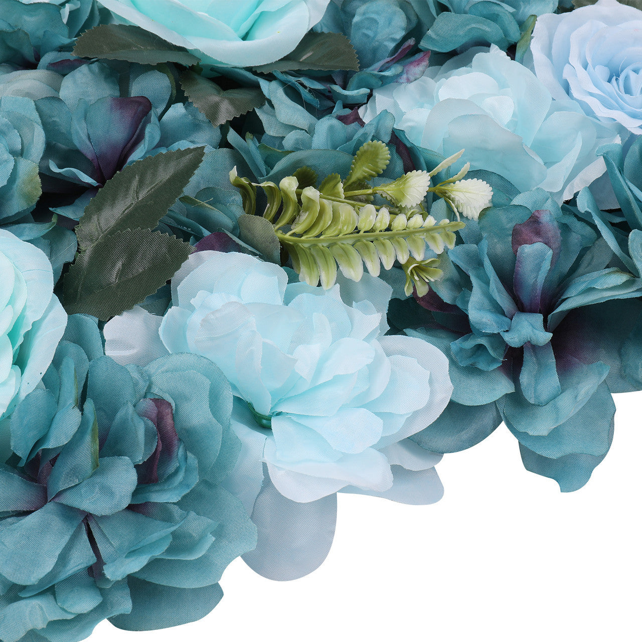 Hydrangea Artificial Flower Wall Panel 60cm x 40cm - Sky Blue & Turquoise with Green Leaves x 12