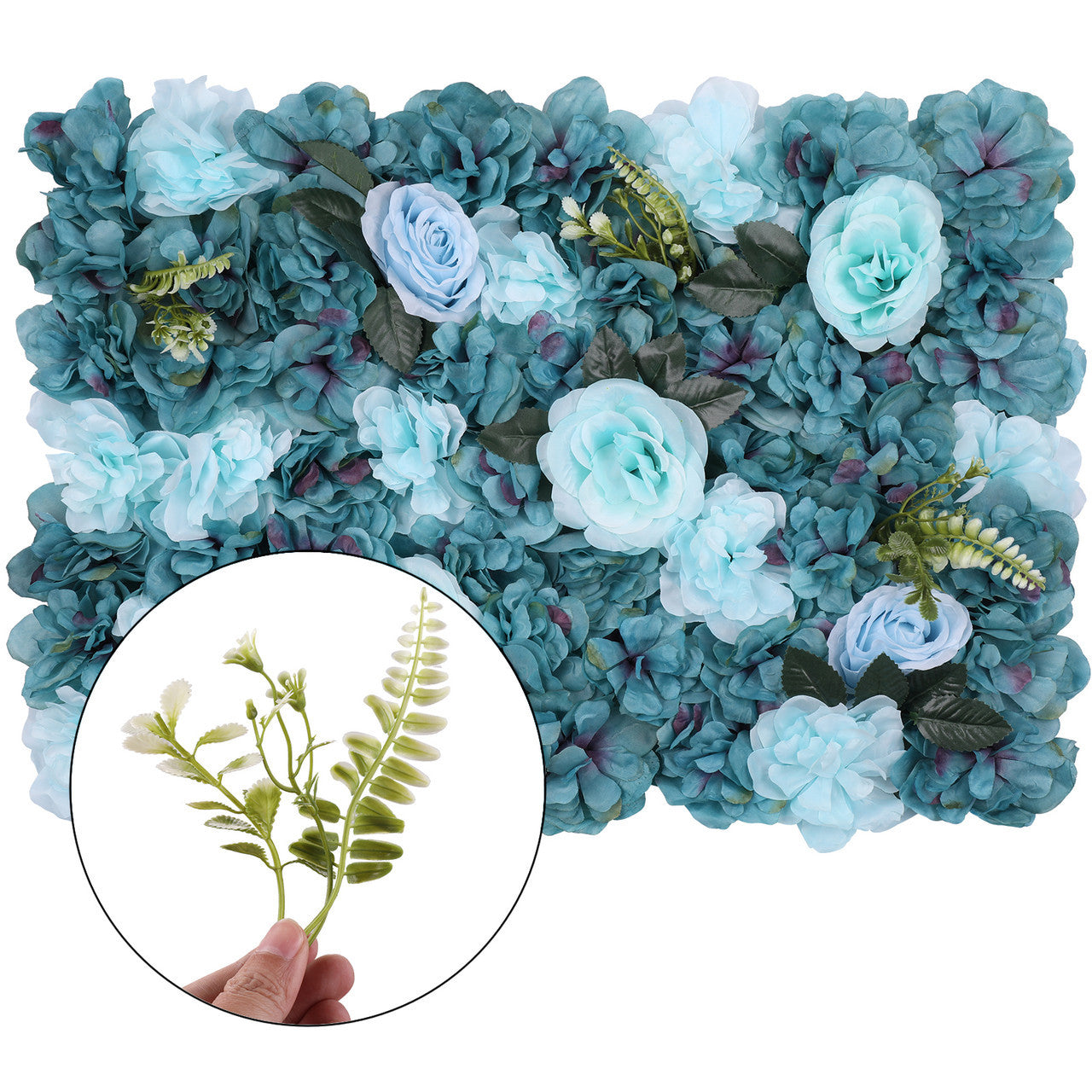 Hydrangea Artificial Flower Wall Panel 60cm x 40cm - Sky Blue & Turquoise with Green Leaves x 12