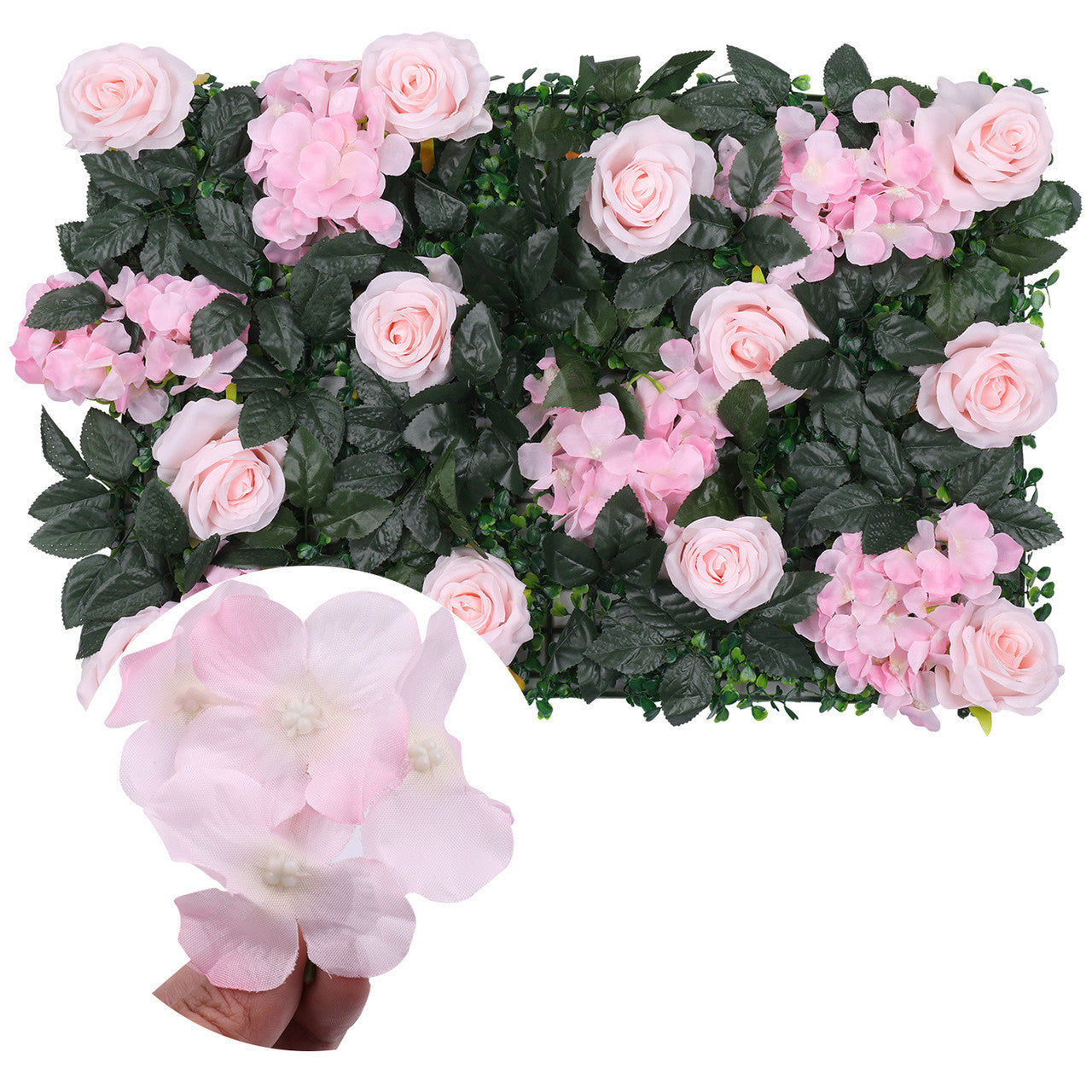 Hydrangea Artificial Flower Wall Panel 60cm x 40cm - Novia Roses, White Jasmine with Green Leaves x 12