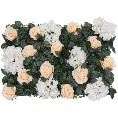Hydrangea Artificial Flower Wall Panel 60cm x 40cm - Champagne Roses, White Jasmine with Green Leaves x 12