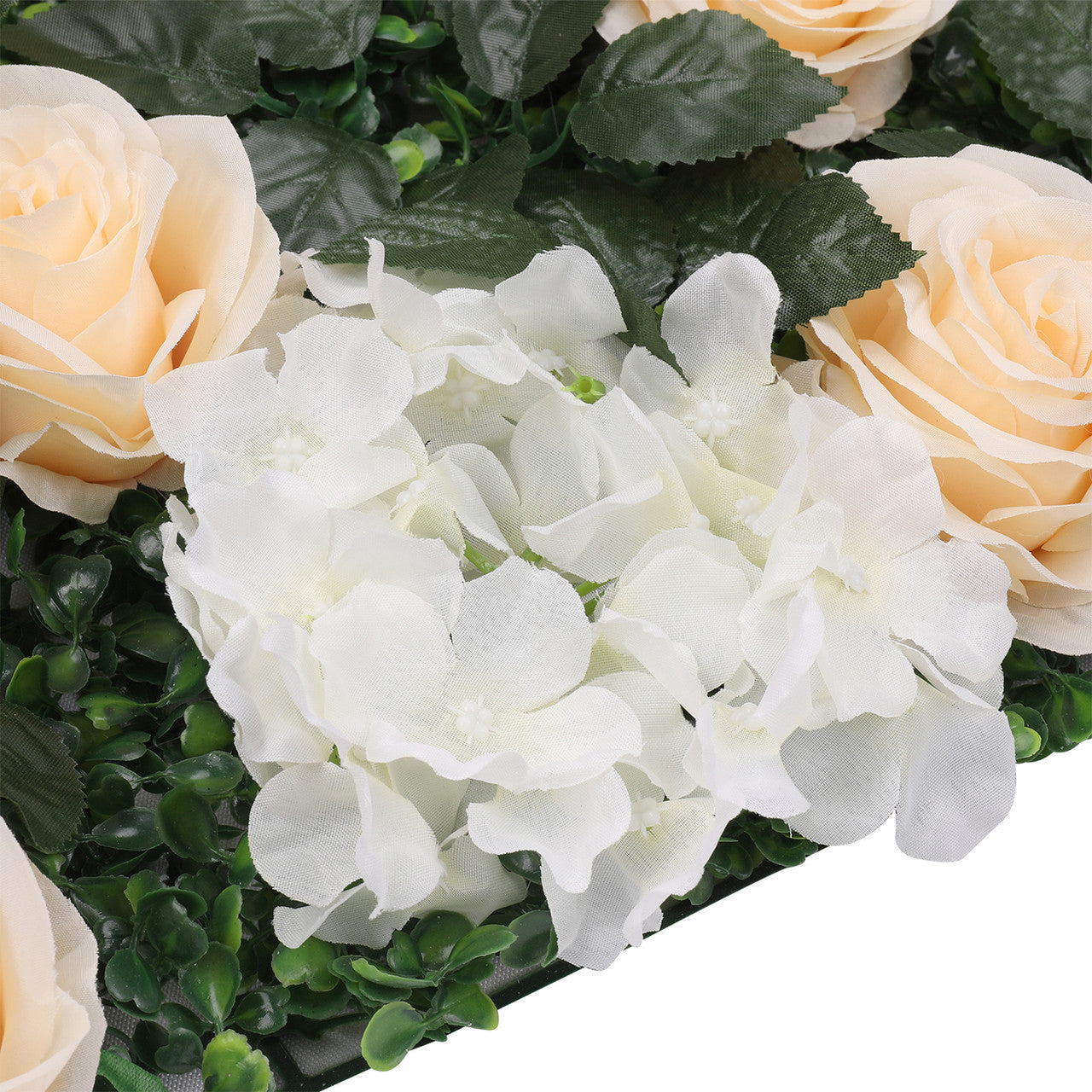 Hydrangea Artificial Flower Wall Panel 60cm x 40cm - Champagne Roses, White Jasmine with Green Leaves x 12