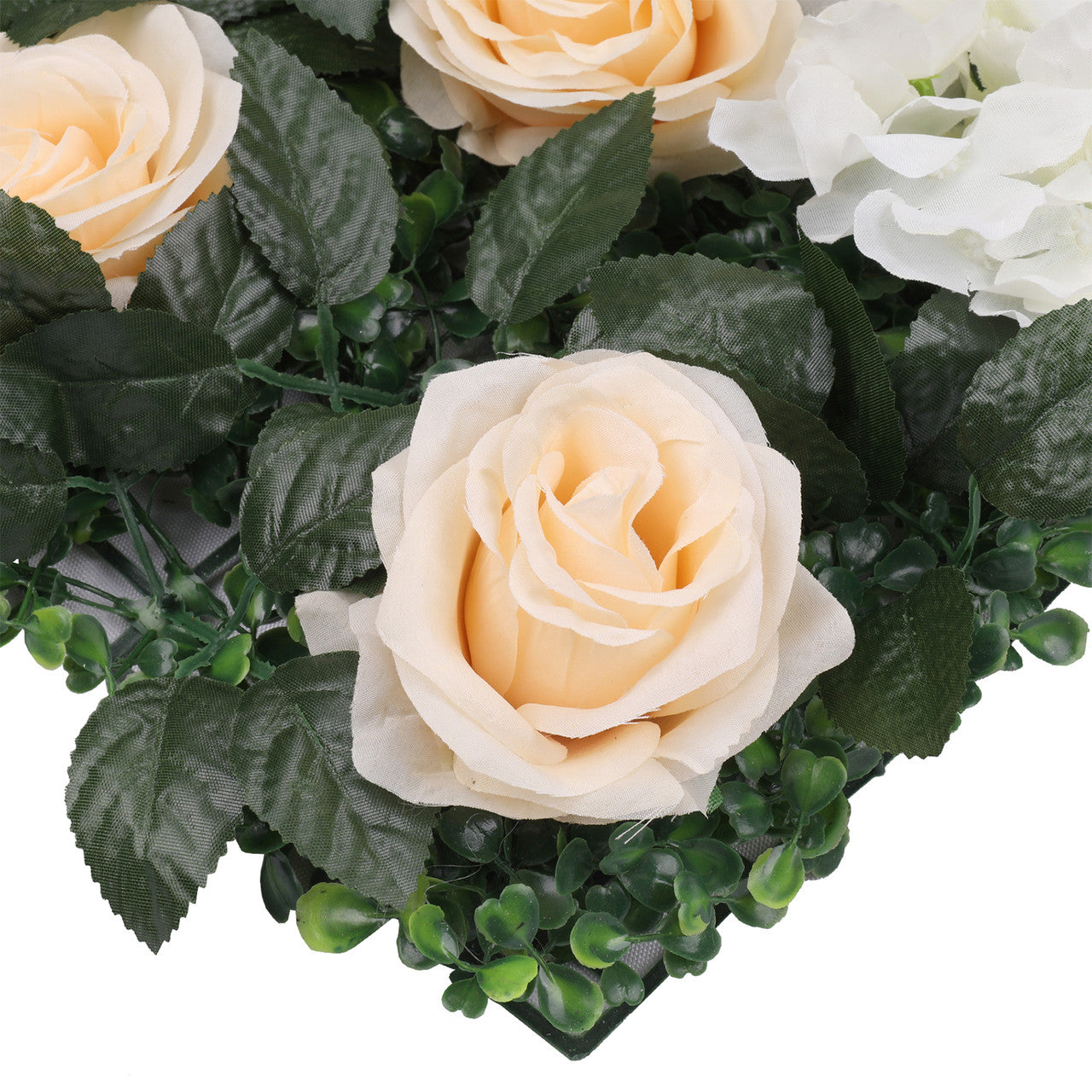 Hydrangea Artificial Flower Wall Panel 60cm x 40cm - Champagne Roses, White Jasmine with Green Leaves