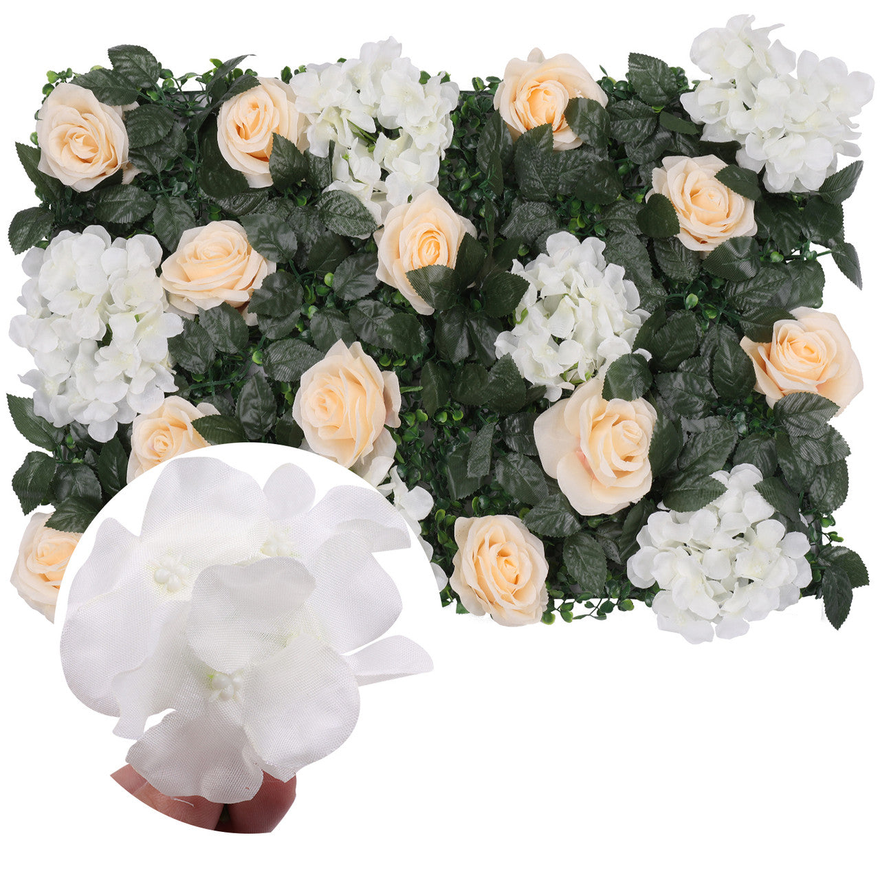 Hydrangea Artificial Flower Wall Panel 60cm x 40cm - Champagne Roses, White Jasmine with Green Leaves