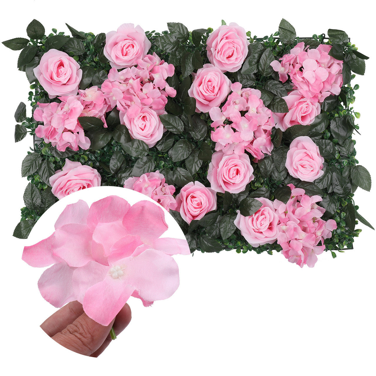 Hydrangea Artificial Flower Wall Panel 60cm x 40cm - Blush Pink Roses, Jasmine with Green Leaves x 12