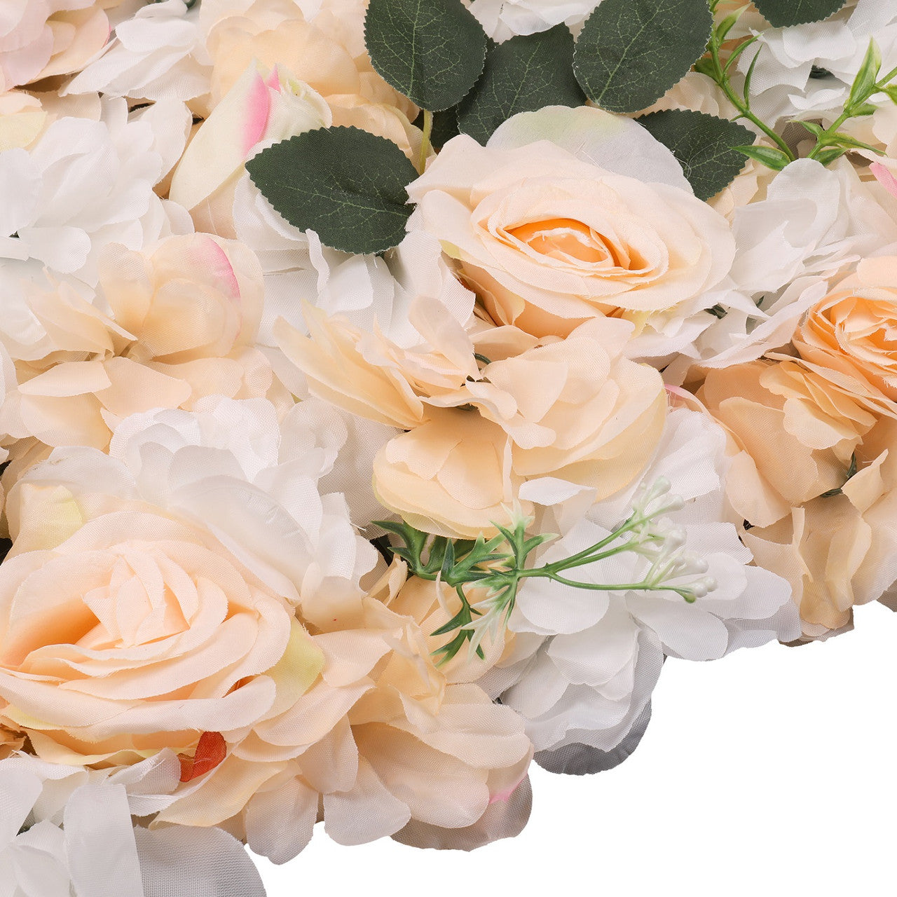 Hydrangea Artificial Flower Wall Panel 60cm x 40cm - Pastella & Poma Roses with Green Leaves