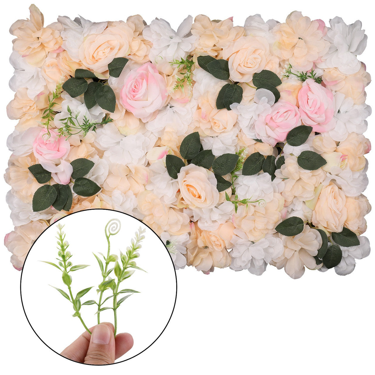 Hydrangea Artificial Flower Wall Panel 60cm x 40cm - Pastella & Poma Roses with Green Leaves x 12