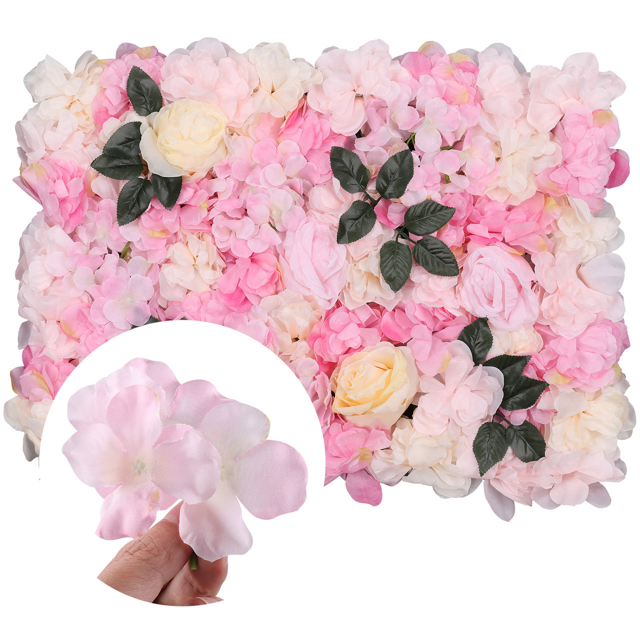 Hydrangea Artificial Flower Wall Panel 60cm x 40cm - Blush Pink & Rose Pink with Green Leaves