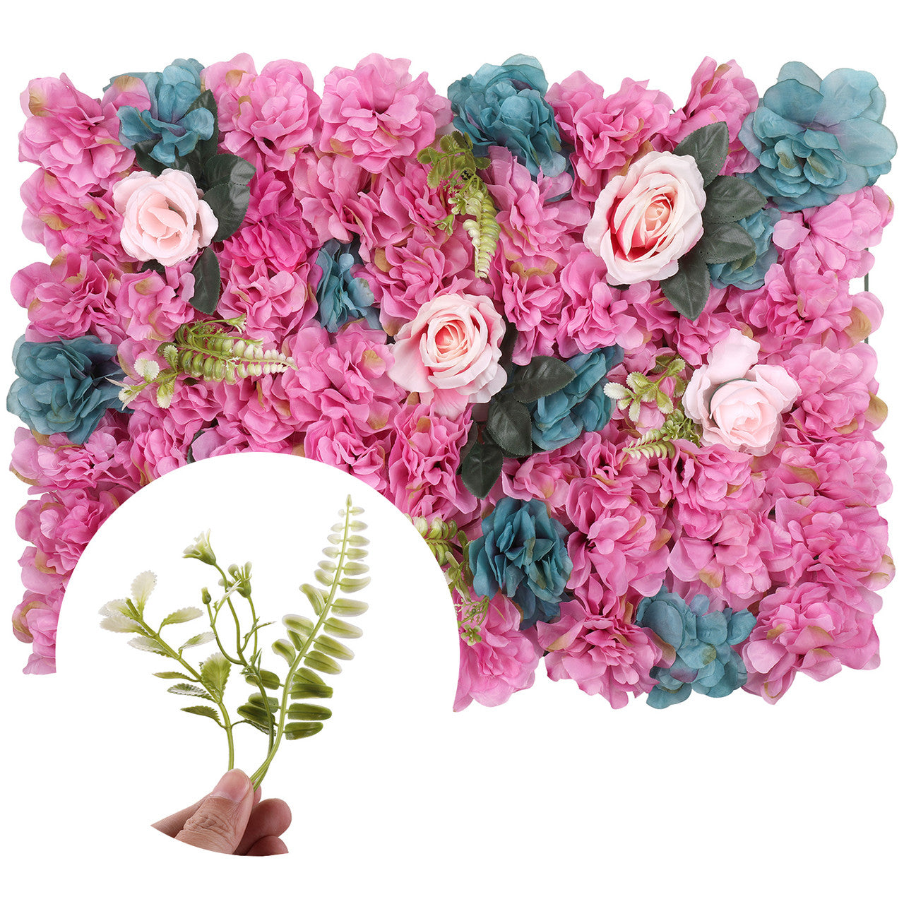 Hydrangea Artificial Flower Wall Panel 60cm x 40cm - Hot Pink & Turquoise with Green Leaves