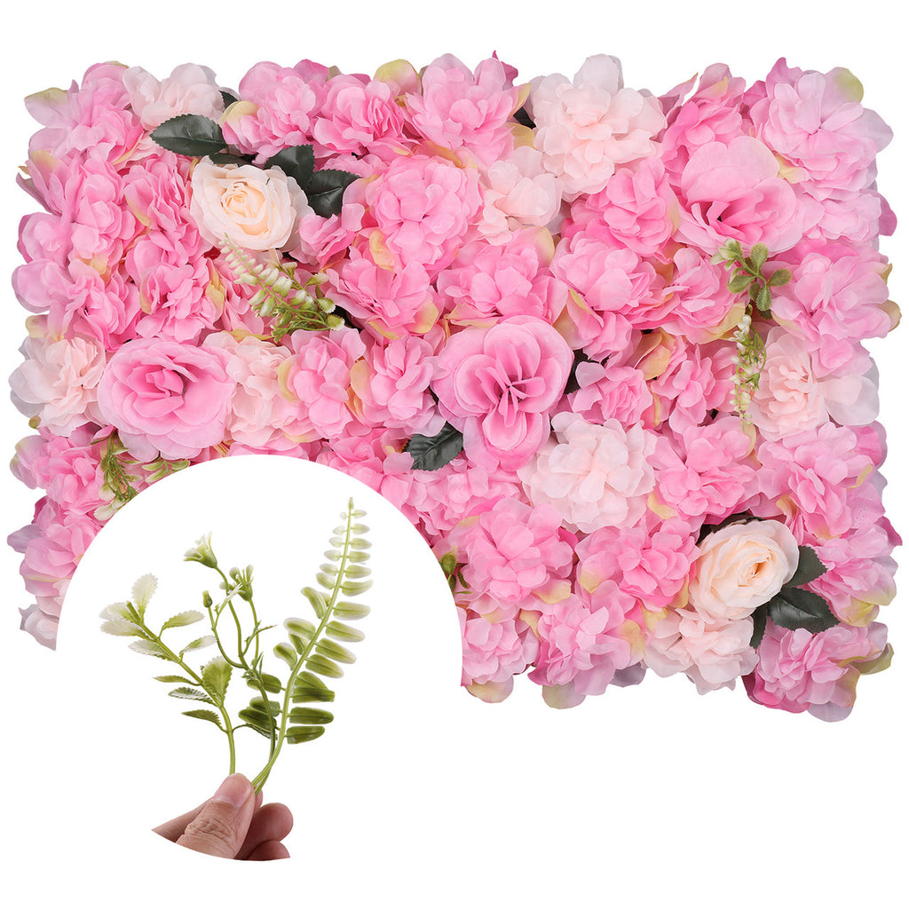 Hydrangea Artificial Flower Wall Panel 60cm x 40cm - Blush Pink & Rose Pink with  Leaves